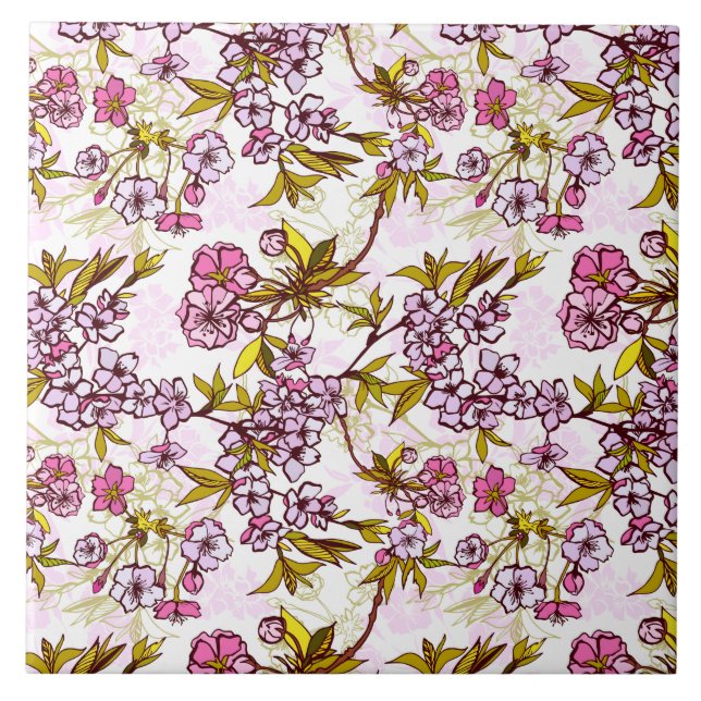 Blooming Cherry Blossom Pattern  Ceramic Tile (Front)