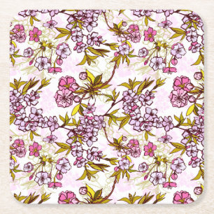 Blooming Cherry Blossom Pattern Square Paper Coaster