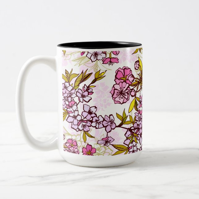 Blooming Cherry Blossom Pattern  Two-Tone Coffee Mug (Left)
