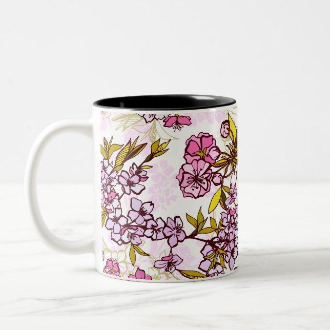 Blooming Cherry Blossom Pattern  Two-Tone Coffee Mug (Left)