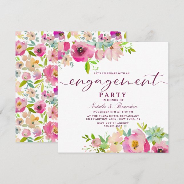 Blooming Chic Blush Floral Engagement Party Square Invitation (Front/Back)