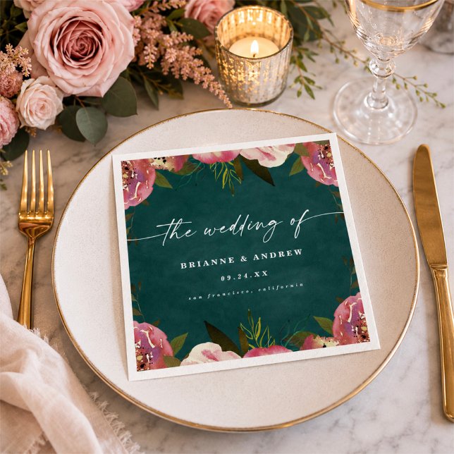 Blooming Chic Deep Teal Green Floral Wedding Napkin (Elegant reception napkins in deep teal colorway)