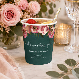 Blooming Chic Deep Teal Green Floral Wedding Paper Cups