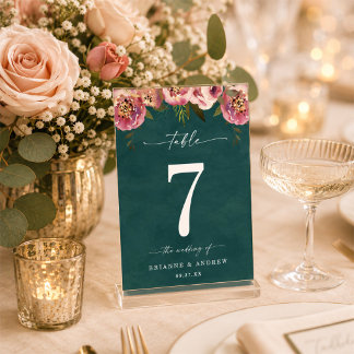 Blooming Chic Deep Teal Green Floral Wedding Table Number