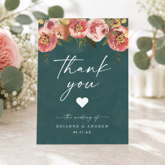 Blooming Chic Deep Teal Green Wedding Photo Thank You Card