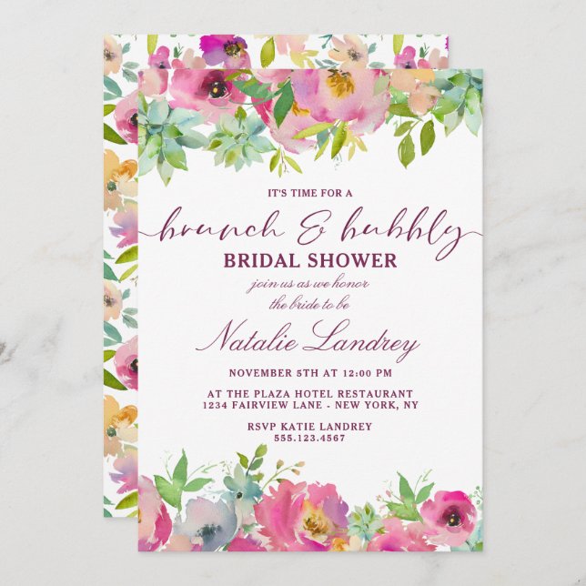 Blooming Chic Pink Brunch & Bubbly Bridal Shower Invitation (Front/Back)
