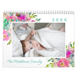 Blooming Chic Pink Floral Custom Family Photo Calendar