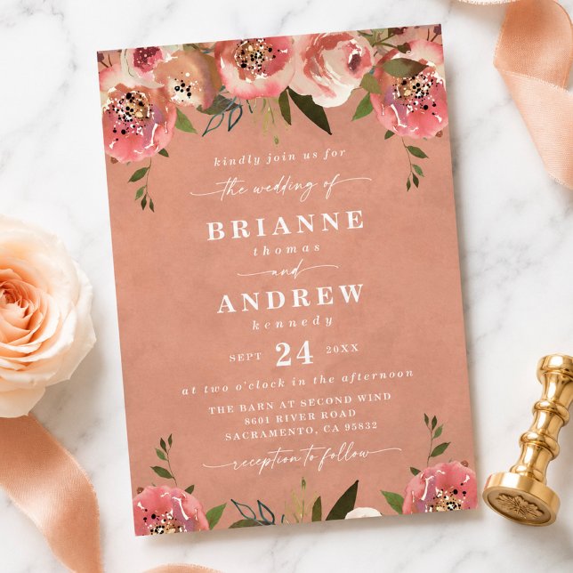 Blooming Chic Rustic Peach Floral Wedding Invitation (Rustic peach and rose floral wedding invites)