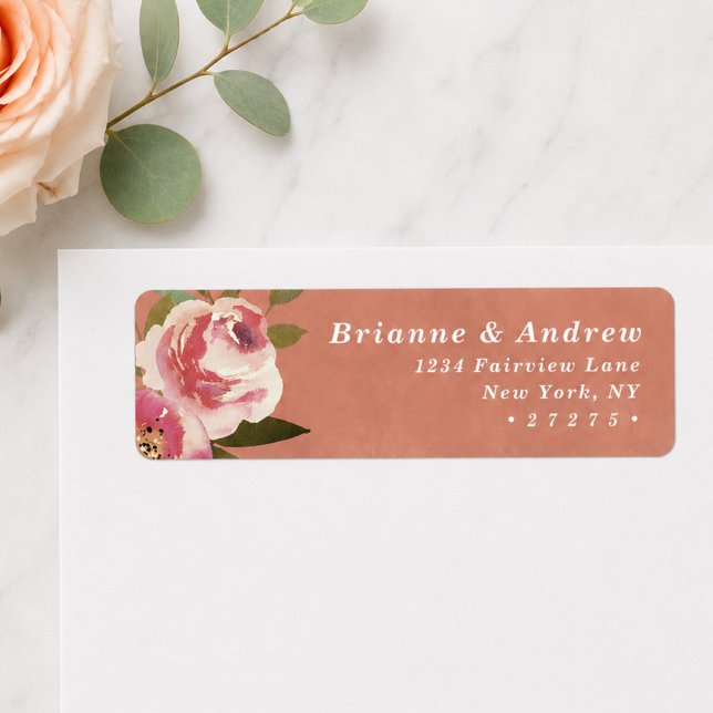 Blooming Chic Rustic Peach Wedding Return Address Label (Rustic peach and pink floral return address labels)