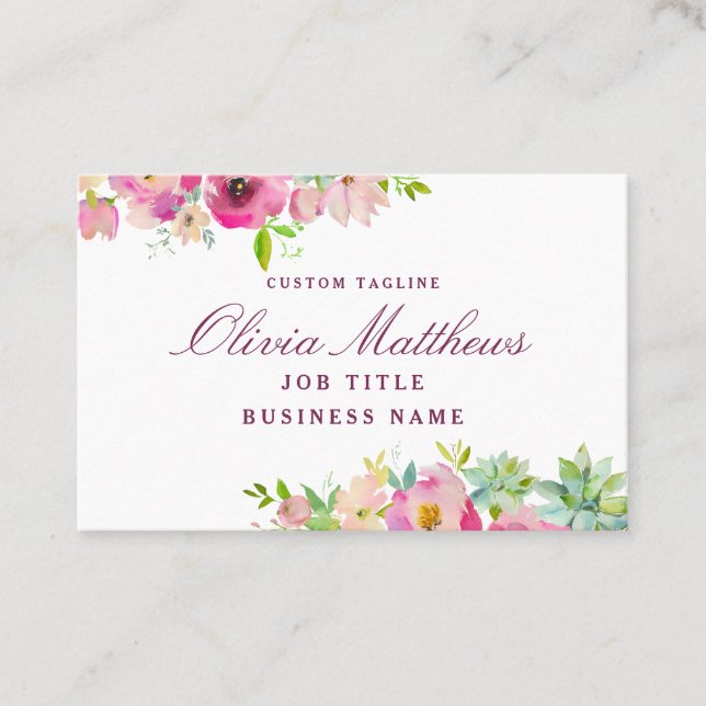 Blooming Chic Succulents Pink Watercolor Floral Business Card (Front)