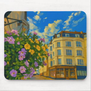Blooming Corner – Vibrant European Street Mouse Pad