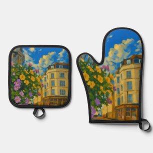 Blooming Corner – Vibrant European Street Oven Mitt & Pot Holder Set
