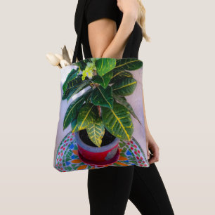 Blooming Croton on Mosaic Table Tote Bag