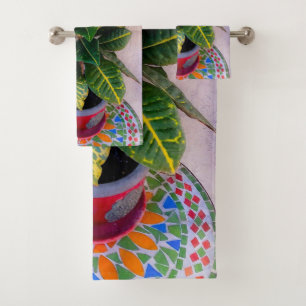 Blooming Croton on Mosaic Table Towel