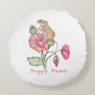 Blooming Cute Mouse on Poppy Round Cushion