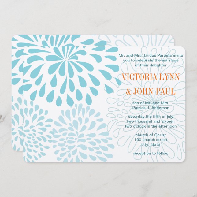 Blooming Dahlia Coral Blue Floral Wedding Invite (Front/Back)