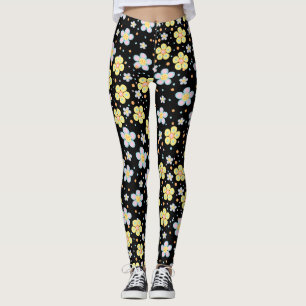 Blooming Daisies. Yellow and Pink Black BG Leggings