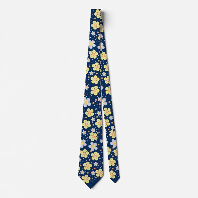 Blooming Daisies. Yellow and Pink D Blue BG Tie (Front)