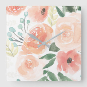 Blooming Delight   Pastel Peach Square Wall Clock