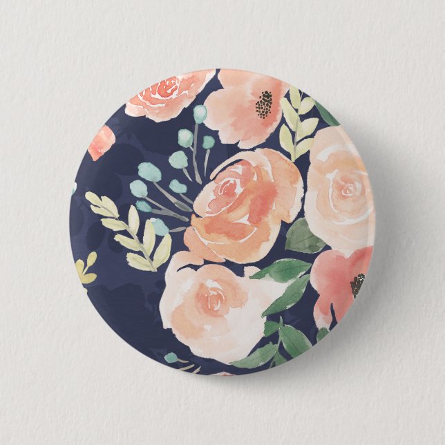 Blooming Delight | Peach & Blue Roses & Poppies 6 Cm Round Badge (Front)