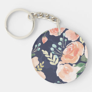 Blooming Delight   Peach & Blue Roses & Poppies Key Ring