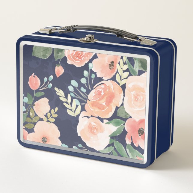 Blooming Delight | Peach & Blue Roses & Poppies Metal Lunch Box (Front)