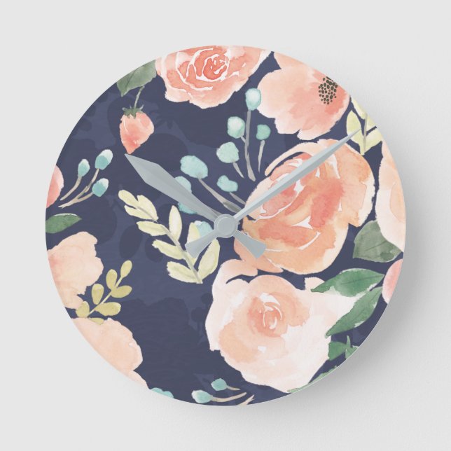 Blooming Delight | Peach & Blue Roses & Poppies Round Clock (Front)