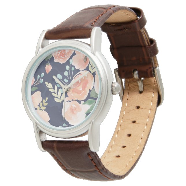 Blooming Delight | Peach & Blue Roses & Poppies Watch (Angled)