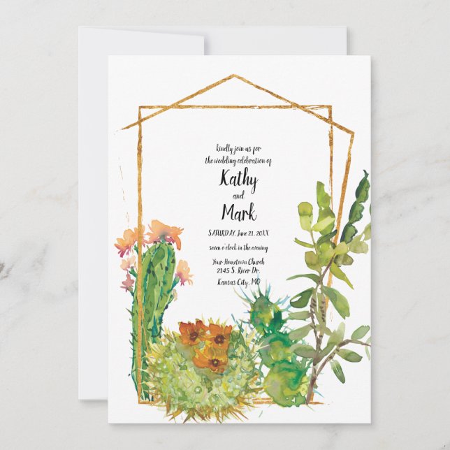 Blooming Desert Cactus Geometric Wedding Invitation (Front)