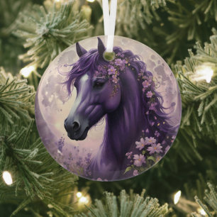 "Blooming Dreams: The Purple Floral Fantasy Horse" Glass Tree Decoration