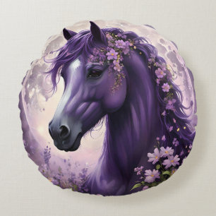 "Blooming Dreams: The Purple Floral Fantasy Horse" Round Cushion