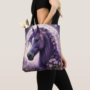 "Blooming Dreams: The Purple Floral Fantasy Horse" Tote Bag