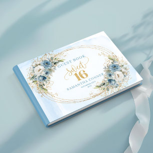 Blooming Dusty Blue Floral Sweet Sixteen Birthday  Guest Book