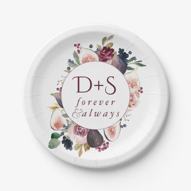 Blooming Figs | Moody Rustic Monogram Wreath Paper Plate (Front)