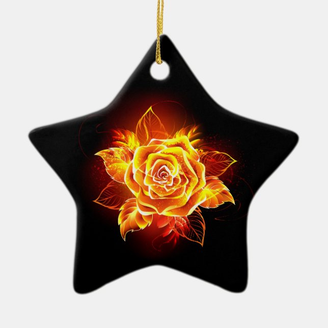Blooming Fire Rose Ceramic Ornament (Front)