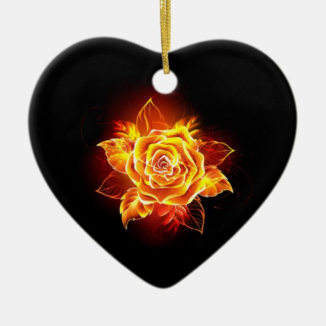 Blooming Fire Rose Ceramic Ornament (Front)