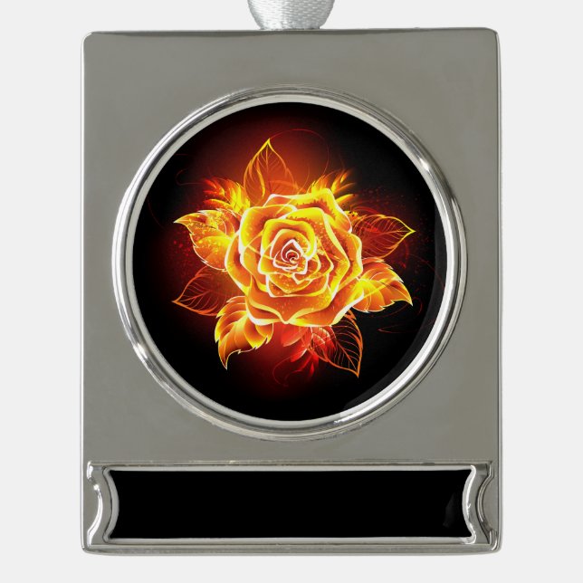 Blooming Fire Rose Silver Plated Banner Ornament (Front)