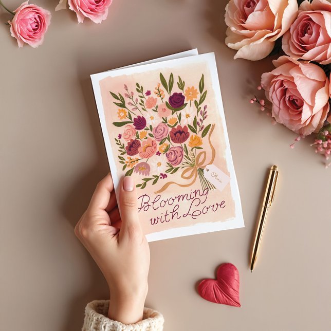 Blooming Floral Bouquet Bow Valentine's Day Card (Blooming Floral Bouquet Bow Valentine's Day Card)