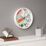 Blooming Floral Monogram Clock<br><div class="desc">Elegant Vintage Style Floral Background Spring Green Monogram Initial Home Office Kitchen Living Room Bathroom Clock White Frame</div>