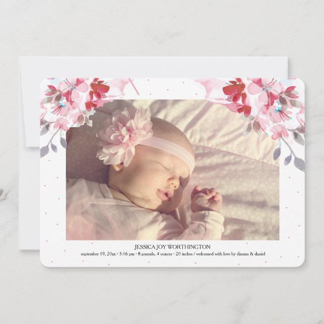 Blooming Floral Photo Birth Announcement (Front)