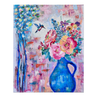 Blooming Flowers & Hummingbird Oil Pastel Artwork Poster