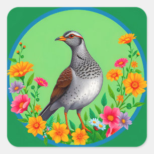 🐦 Blooming Garden Bird Colourful Floral Green Square Sticker