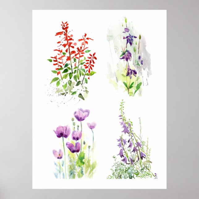 Blooming Garden Quartet  Four Botanical Watercolor Poster (Front)