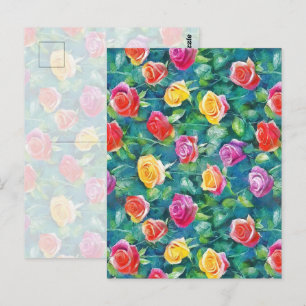 Blooming garden rose bush watercolor pattern postcard
