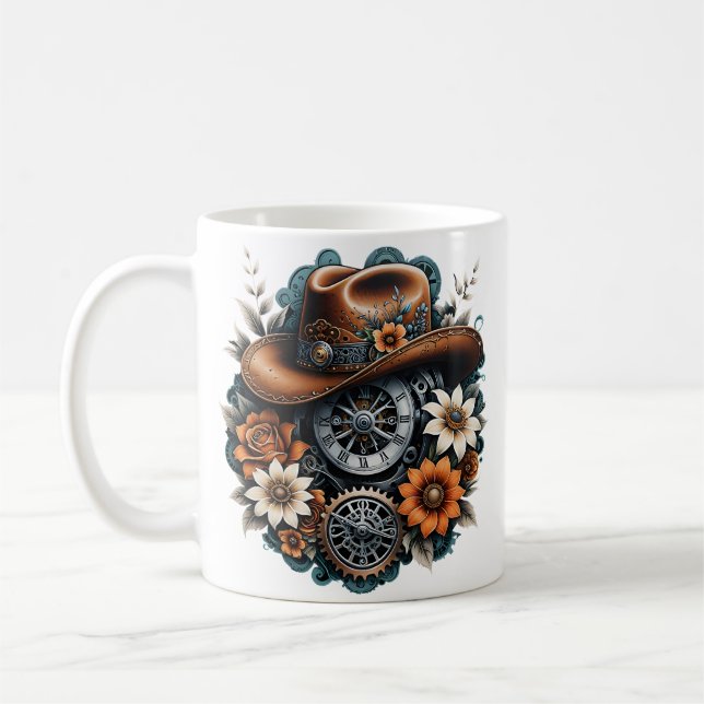 Blooming Gears: Steampunk cowboy style. Coffee Mug (Left)