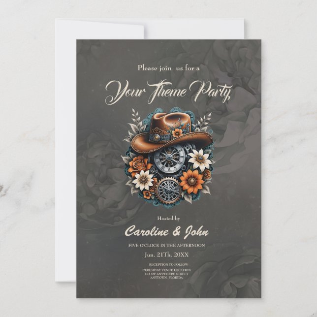 Blooming Gears: Steampunk cowboy style Invitation (Front)