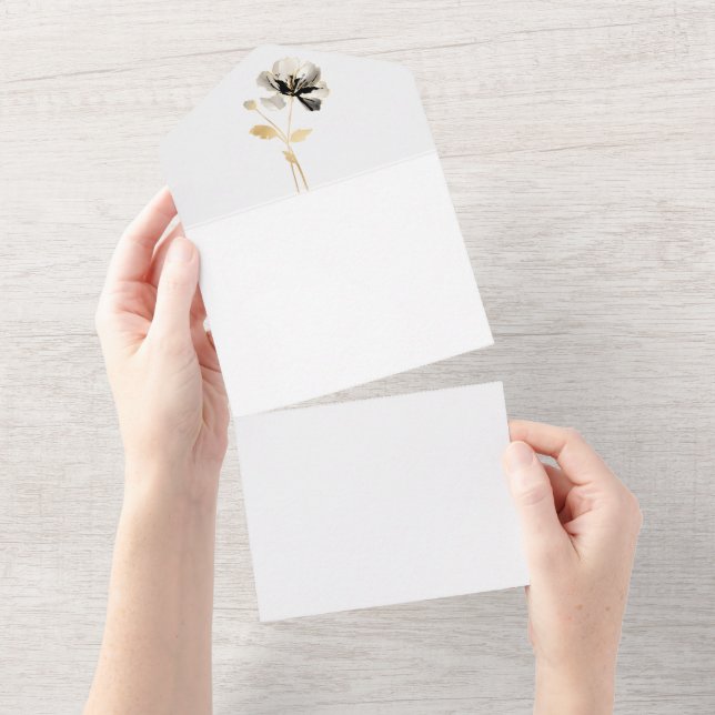 Blooming Gold, Black & Cream Single Stem Flower  All In One Invitation (Tearaway)