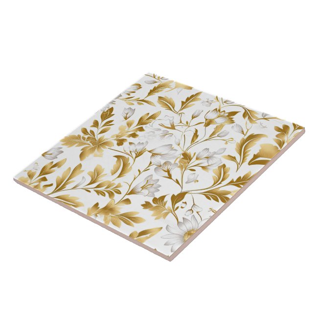 Blooming Gold Floral Branch On White Background Ceramic Tile (Side)