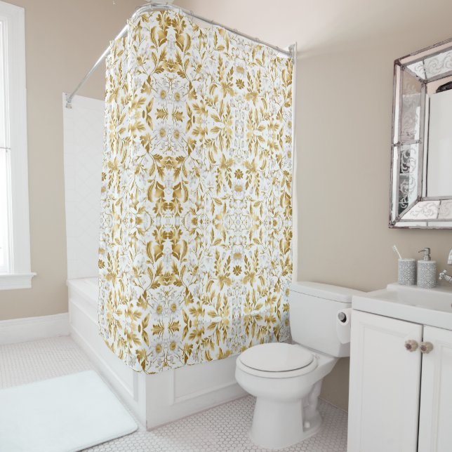 Blooming Gold Floral Branch On White Background Shower Curtain (In Situ)