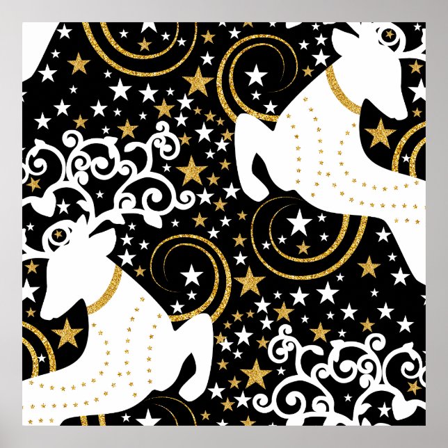 Blooming Golden Christmas Floral Deer Poster (Front)